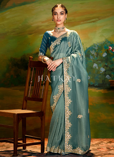 Turquoise Blue Embroidery Wedding Silk Saree