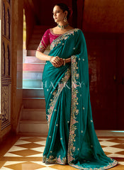 Teal And Pink Multi Embroidery Wedding Silk Saree