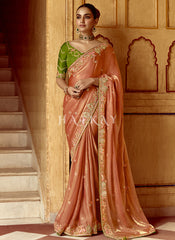 Orange And Green Multi Embroidery Wedding Silk Saree