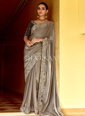 Silver Grey And Brown Multi Embroidery Wedding Silk Saree