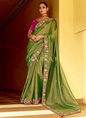 Green And Magenta Multi Embroidery Wedding Silk Saree
