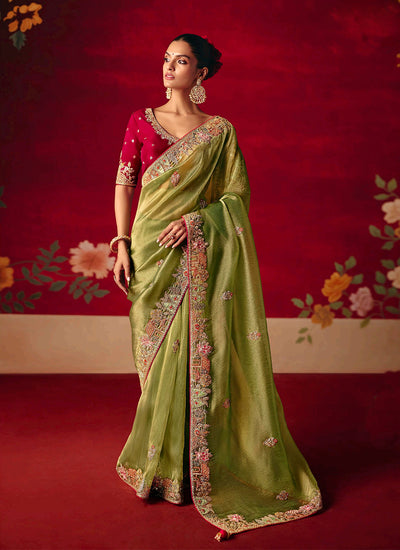 Green Embroidered Saree with Crimson Blouse