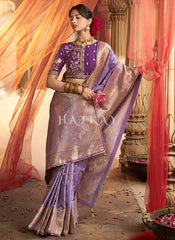 Purple Embroidered Wedding Silk Saree