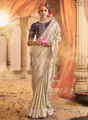 Beige And Purple Embroidered Wedding Silk Saree
