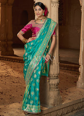 Turquoise And Pink Embroidered Wedding Silk Saree