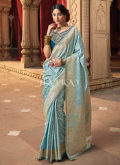 Sky Blue Embroidered Wedding Silk Saree