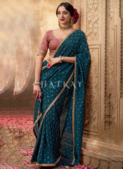 Turquoise And Red Embroidered Viscose Saree