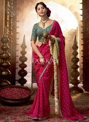 Magenta And Turquoise Embroidered Viscose Saree