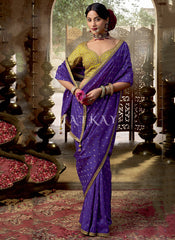 Indigo Blue And Yellow Embroidered Viscose Saree