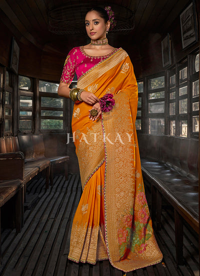 Orange And Pink Embroidered Viscose Silk Saree