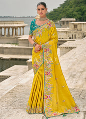Yellow And Teal Multi Embroidered Saree