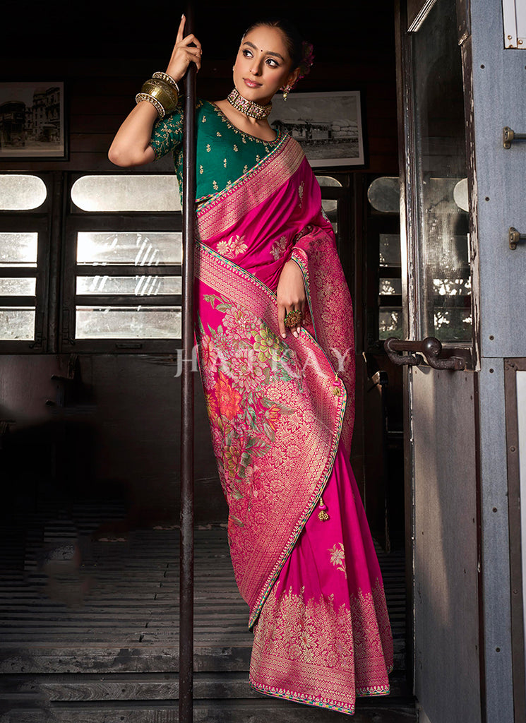 Magenta And Green Embroidered Viscose Silk Saree