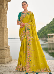 Lime And Teal Multi Embroidered Saree