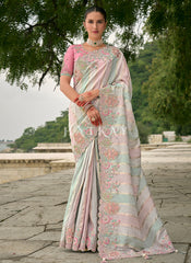 Mint Rose And Pink Multi Embroidered Saree