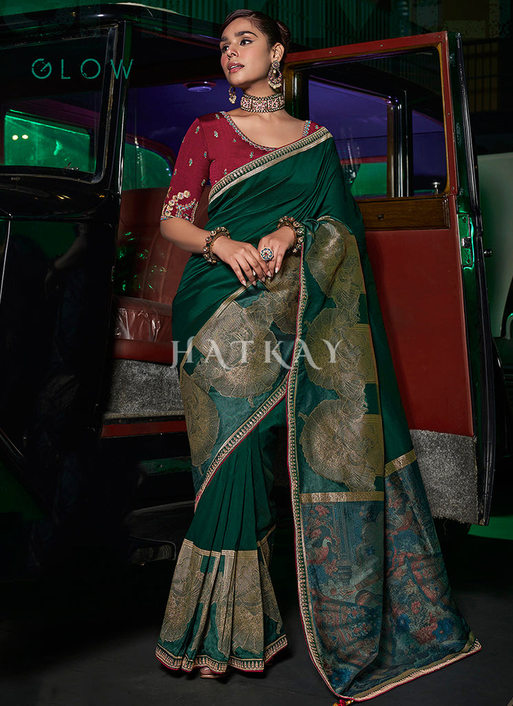 Green And Red Embroidered Silk Saree