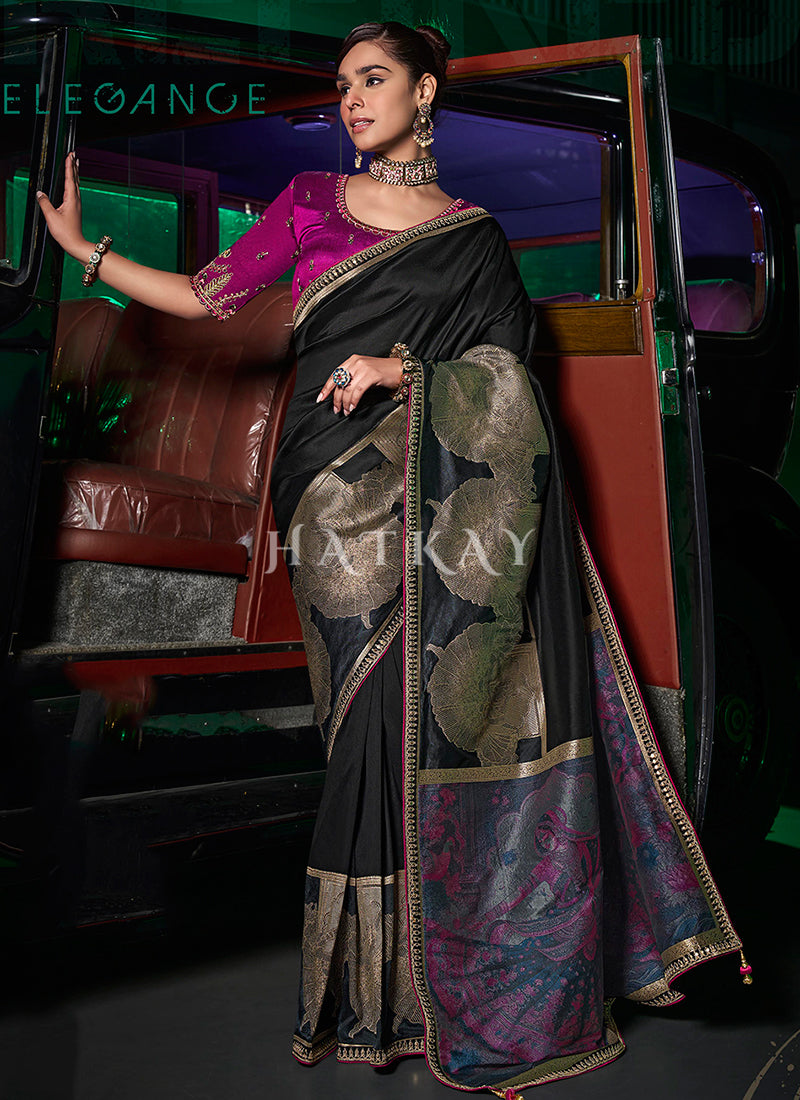 Black And Purple Embroidered Silk Saree