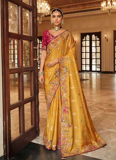 Yellow and Red Multi Embroidered Wedding Saree