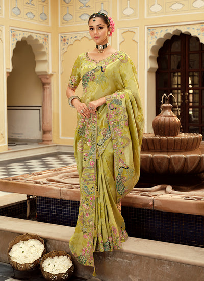 Lime Green Multi Embroidered Wedding Saree