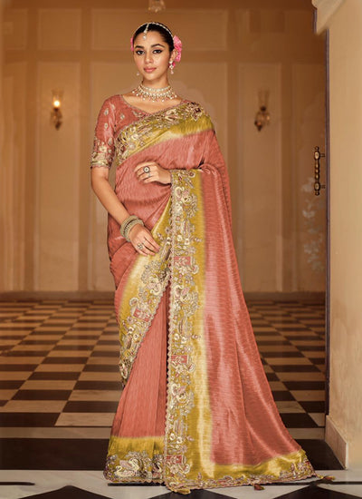Coral Peach Multi Embroidered Wedding Saree