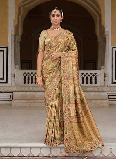 Olive Green Traditional Embroidered Wedding Saree