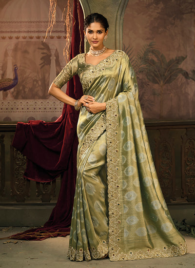 Olive Green Embroidery Silk Saree