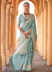Sky Blue Digital Printed Silk Saree