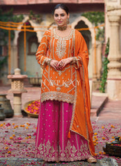 Orange And Magenta Embroidery Sharara Style Suit