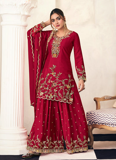 Crimson Embroidered Silk Sharara Suit