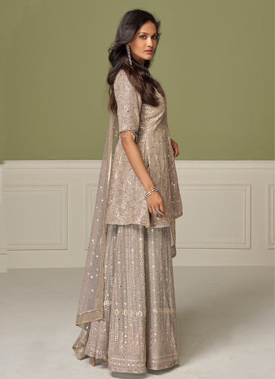 Sand Beige Embroidered Peplum Style Sharara Suit