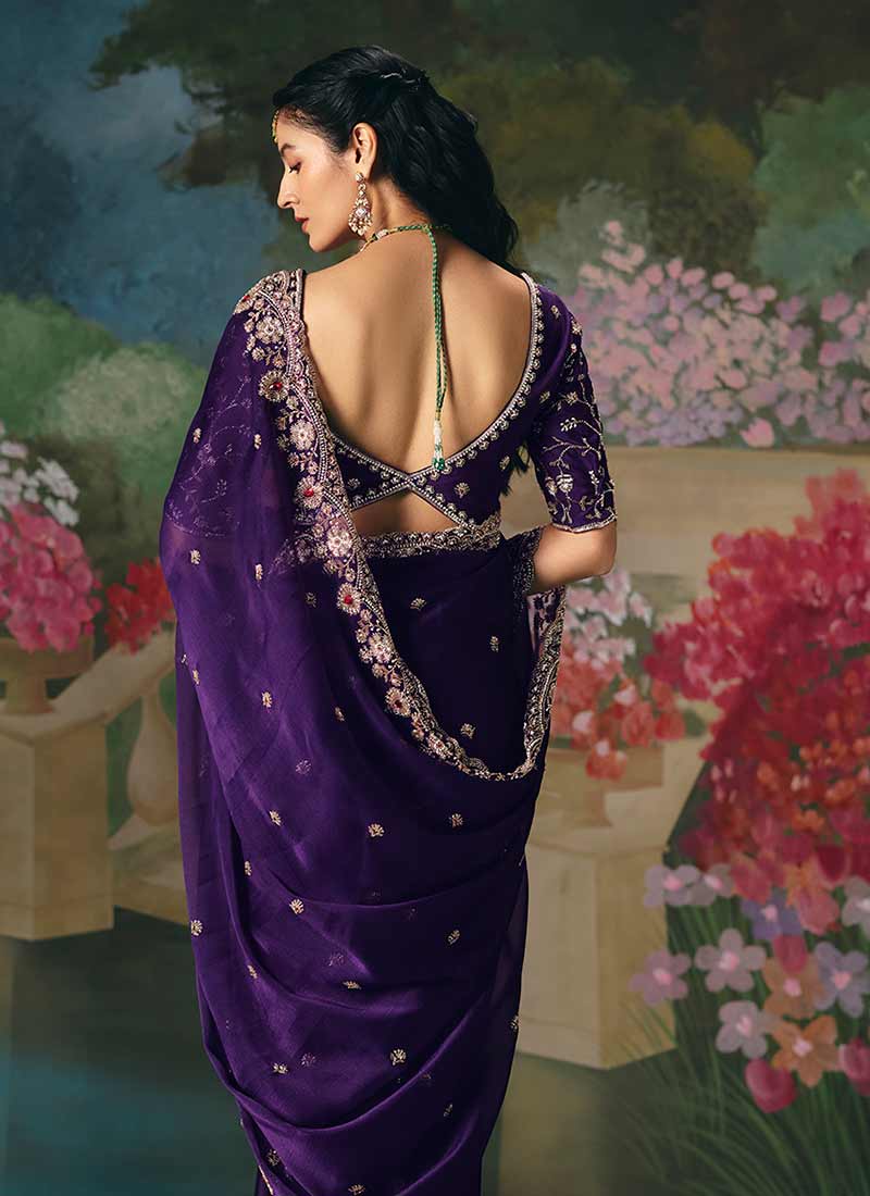 Violet Embroidery Saree and Blouse