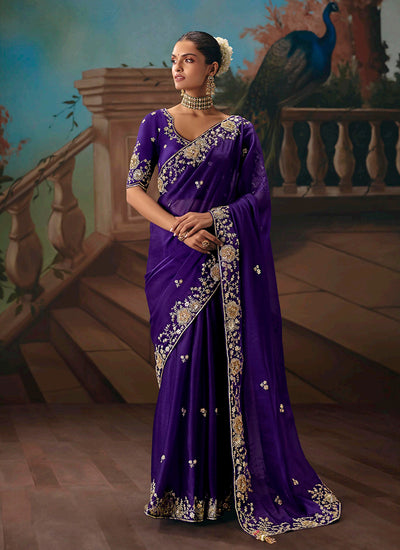 Violet Embroidered Party Wear Silk Saree