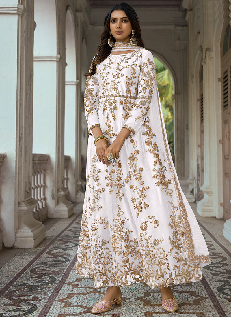 White Golden Embroidery Traditional Anarkali Suit m White Golden Embroidery Traditional Anarkali Suit m