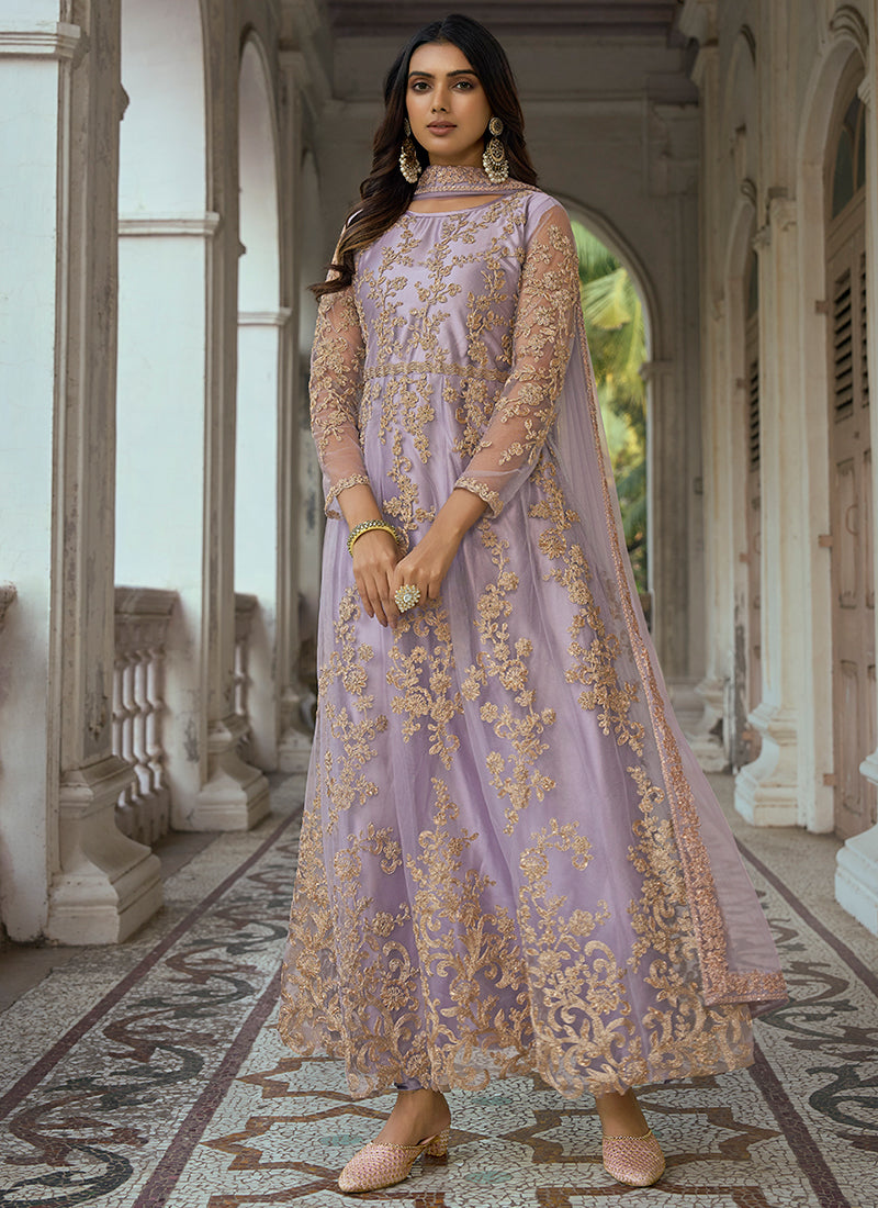 Buy Indian Outfit - Lavender Golden Embroidery Traditional Anarkali Suit Buy Indian Outfit - Lavender Golden Embroidery Traditional Anarkali Suit