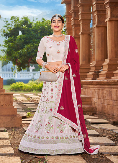 Off White And Red Zari Embroidered Wedding Lehenga Choli