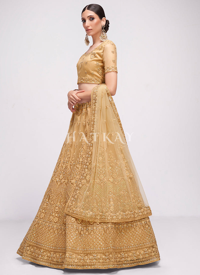Buy Lehenga Choli - Golden Beige Sequence Embroidered Wedding Lehenga Choli Shop Reception Lehenga In USA, UK, Canada, Germany, Mauritius, Singapore With Free Shipping Worldwide.