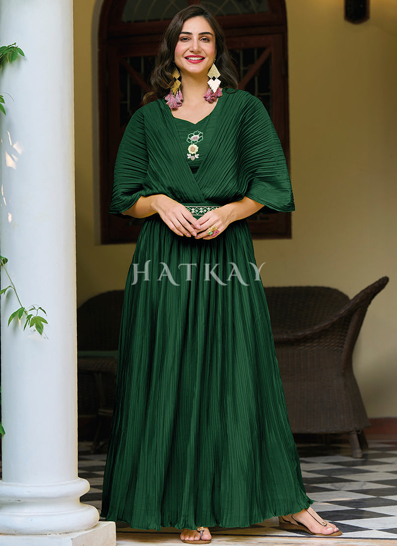 Buy Gown - Green Minimalist Embroidered Crushed Gown