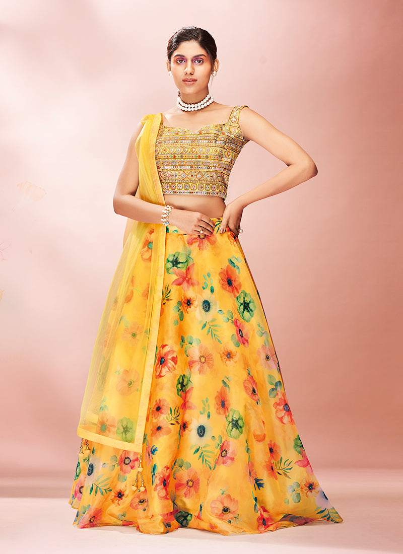 Lime Yellow Floral Embroidered Lehenga Choli