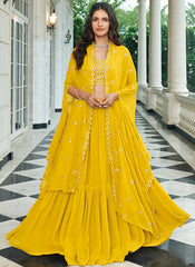 Yellow Sequence Embroidery Cape Style Lehenga Choli With Belt