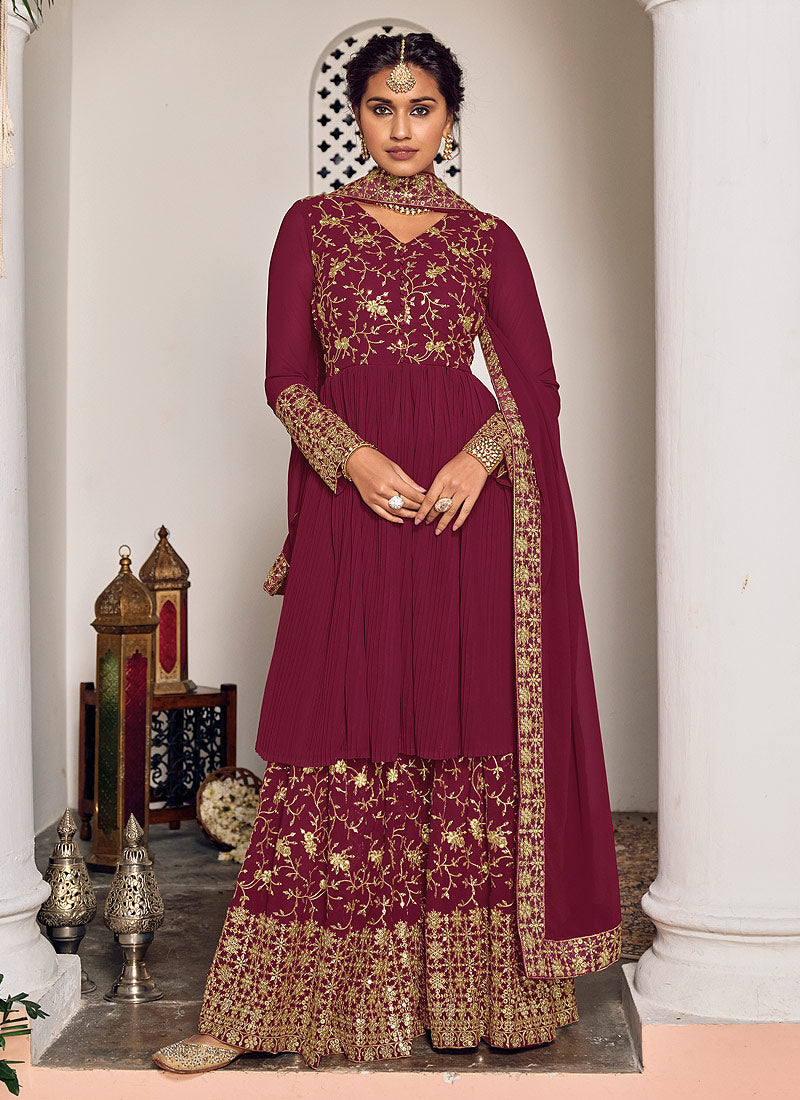 Magenta Golden Zari Embroidered Traditional Gharara Style Suit