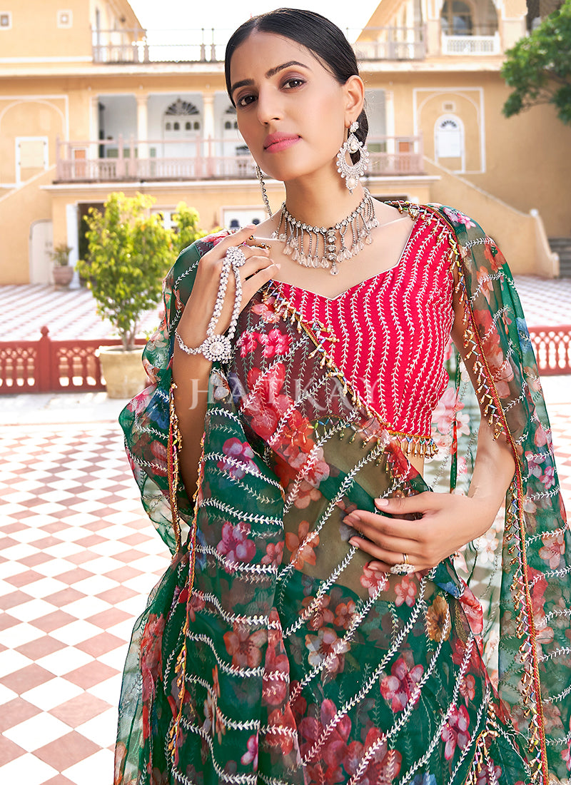 Green And Pink Embroidered Festive Lehenga Choli