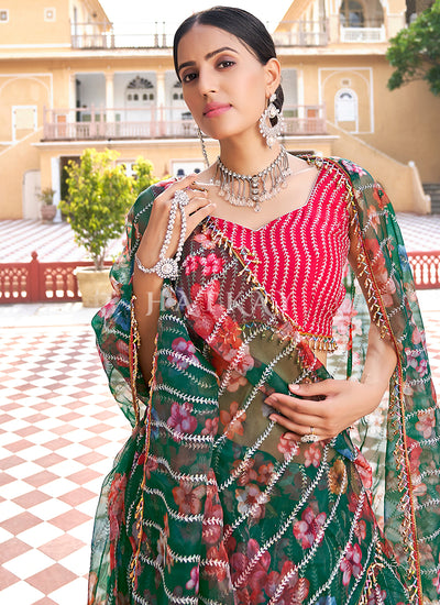Green And Pink Embroidered Festive Lehenga Choli