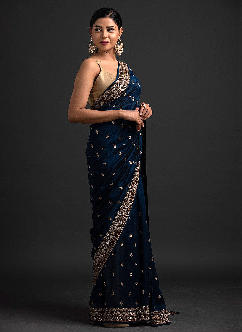 Blue And Golden Saree