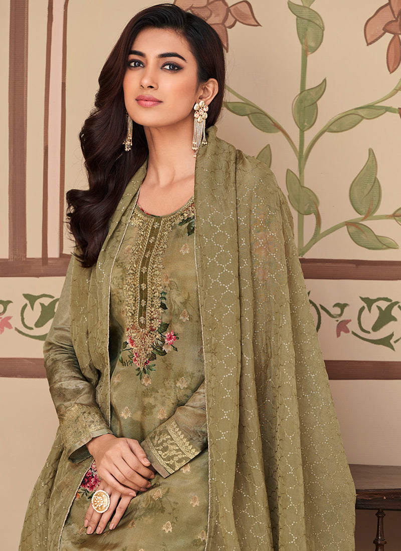 Buy Salwar Suits Olive Green Embroidery Printed Jacquard Silk Pant