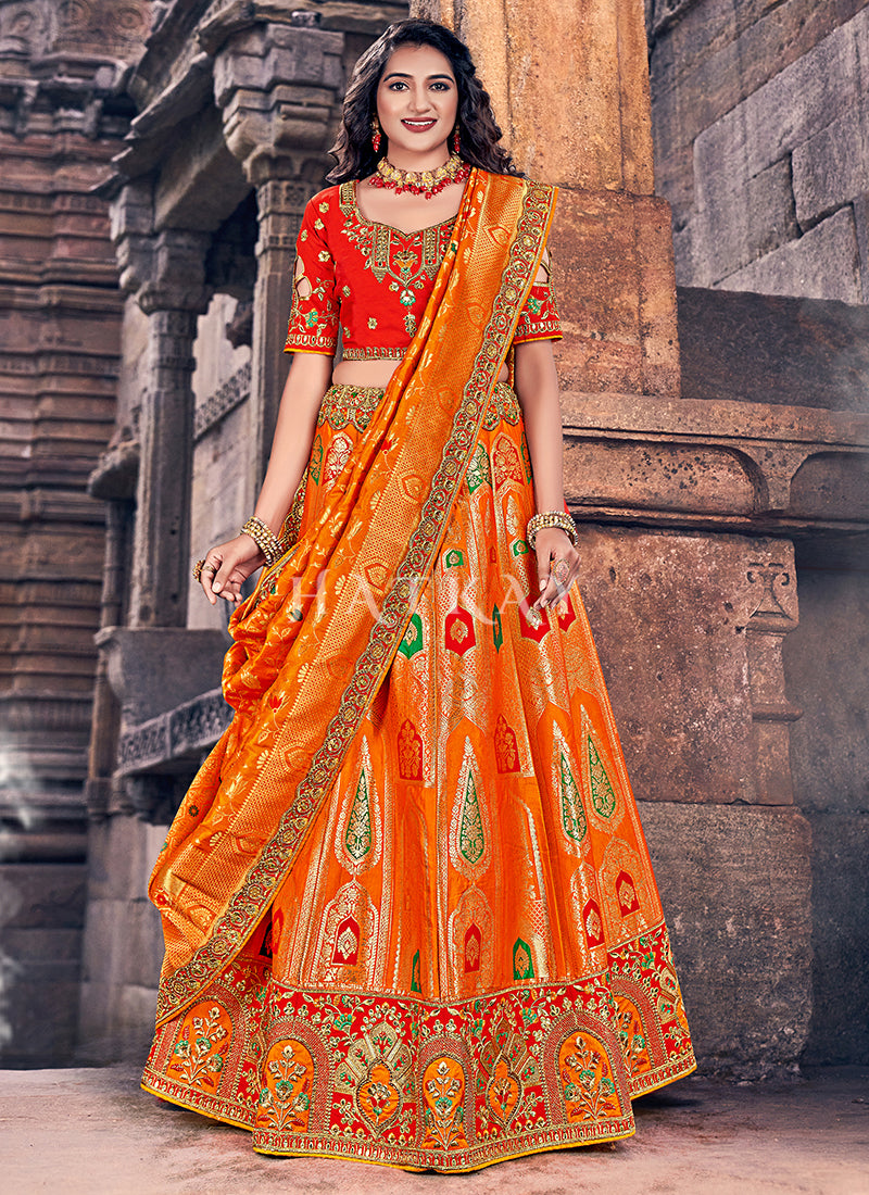 Orange And Red Multi Embroidery Wedding Lehenga Choli
