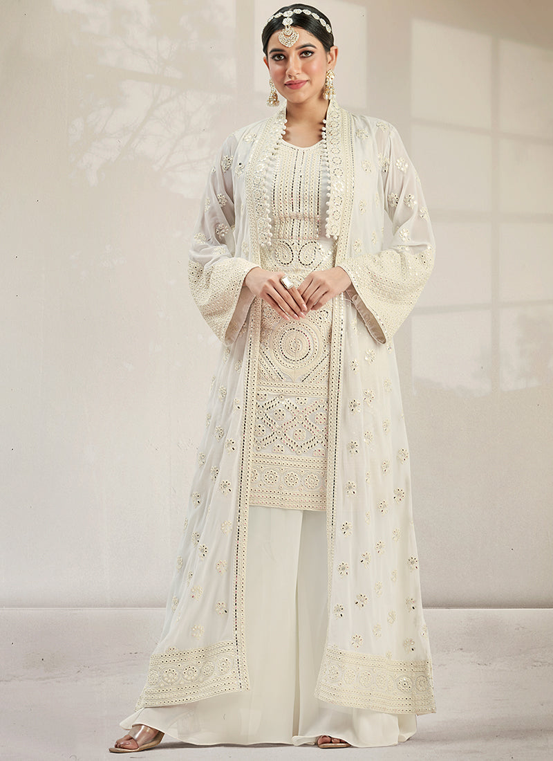 Cream White Mirror Work Embroidery Jacket Style Palazzo Suit