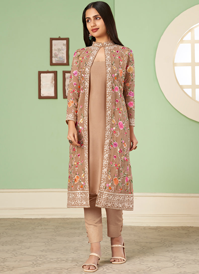 Buy Latest Indian Suits Online - White Multi Floral Embroidery Jacket Style Pant Suit At Hatkay