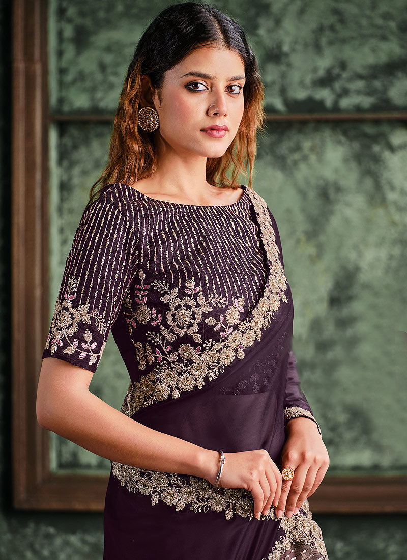 Deep Purple Multi Embroidered Designer Saree