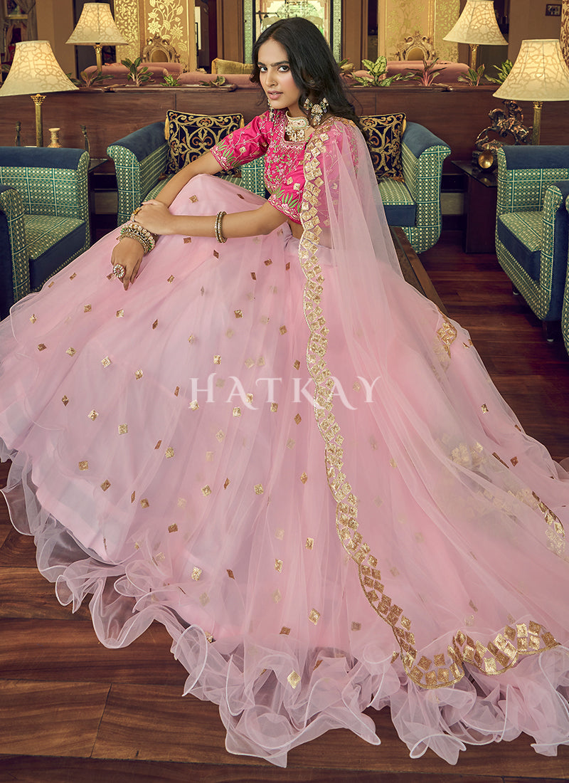 Shop Lehengas | Pink Two Tone Sequence Embroidered Net Lehenga Choli