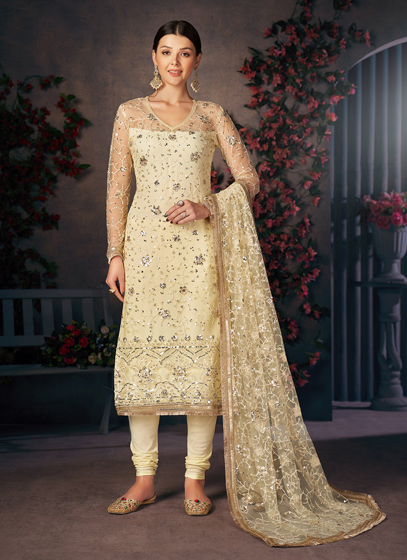 Pale Yellow Embroidered Churidar