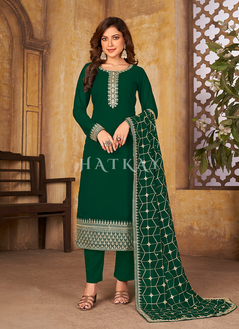 Buy Salwar Suit Green Traditional Embroidered Pant Style Salwar Suit